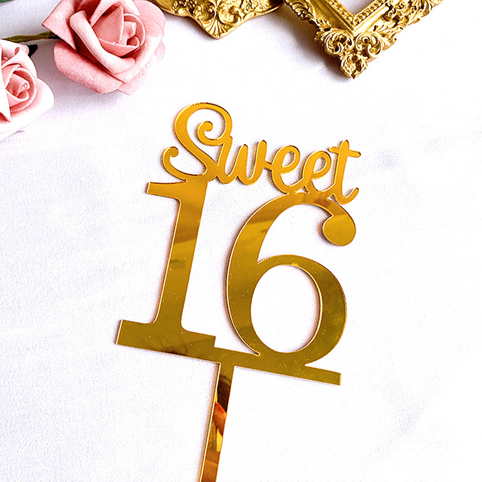 Gold Mirrored Acrylic  Sweet 16 Birthday Cake topper