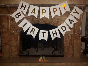 White Happy Birthday Banner with Gold Letters-Birthday Banner-Decoren