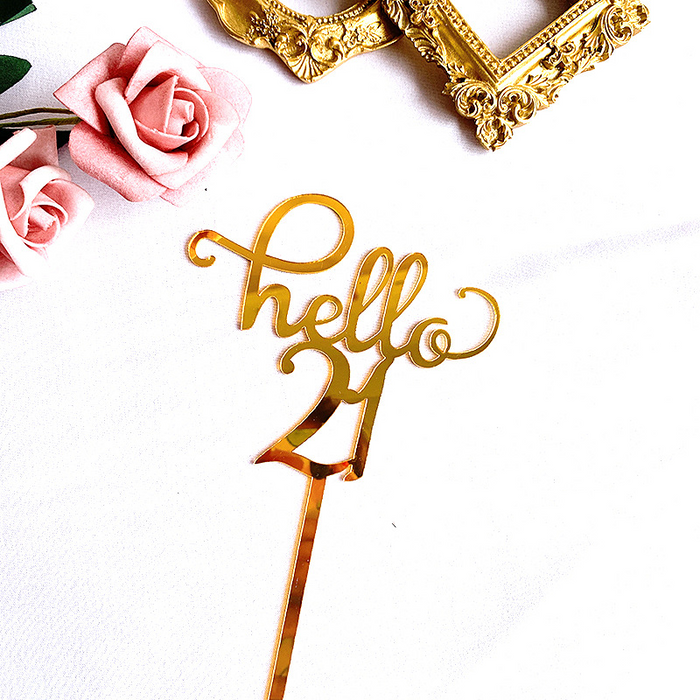 Gold Mirrored Acrylic Hello 21 Birthday Cake topper