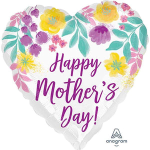 Happy Mother's Day Heart Shaped Foil Balloon - Watercolor Flowers