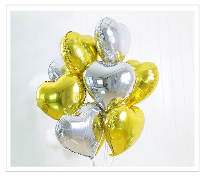 18 inches Gold and Silver Heart Foil Balloons - Set of 10