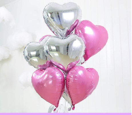 18 inches Pink and Silver Heart Foil Balloons - Set of 10