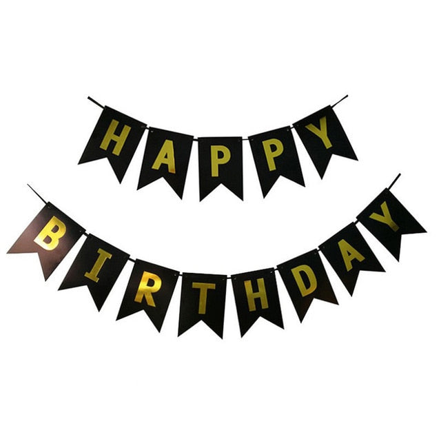 Black Happy Birthday Banner with Gold Letters