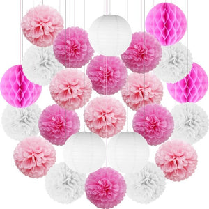 10 inches Pompoms and Lanterns Sets - Pink and White