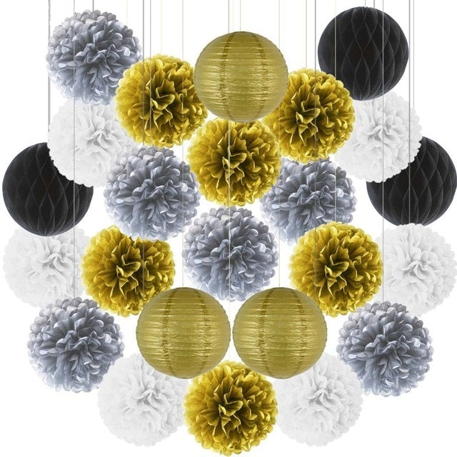 10 inches Pompoms and Lanterns Sets - Gold and Silver